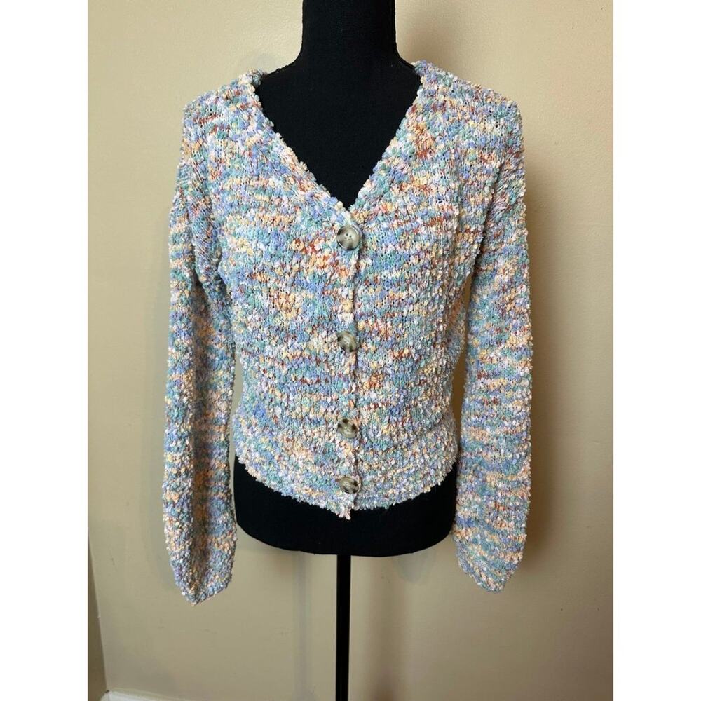 jessica simpson popcorn knit cardigan fuzzy sweater small oversized pastel